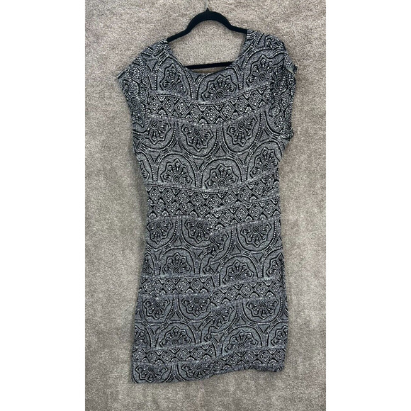 Old Navy Dress 2X Midi Black White Dots V Neck Cap Sleeve Rayon Career - Picture 3 of 8